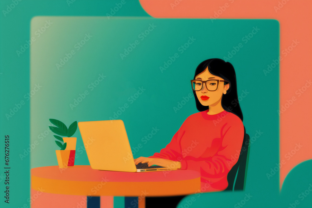 A woman working on a laptop.The Modern Woman in a Digital Era. Generative AI A woman working on a laptop.The Modern Woman in a Digital Era. Generative AI