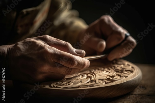 Carving hands wooden decorative plate . Handmade woodcarving craftsman creative hobby. Generate ai
