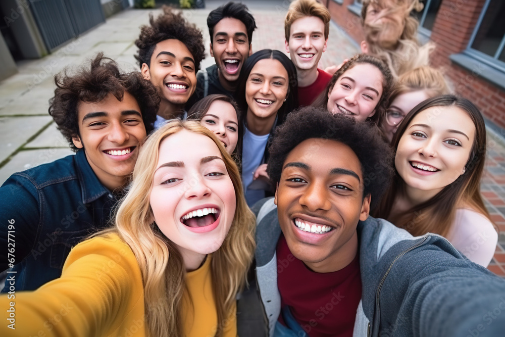 Multiracial friends taking big group selfie shot smiling at camera - Laughing young people standing outdoor and having fun - Cheerful students portrait outside school - Human resources concept Multiracial friends taking big group selfie shot smiling at camera - Laughing young people standing outdoor and having fun - Cheerful students portrait outside school - Human resources concept