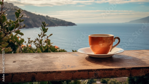 Travel sea view coffee in front of the sea