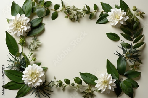 I've created an illustration that embodies the essence of a frame adorned with white flowers and an array of green leaves and pink blossoms, designed to celebrate the beauty of nature, spring, and sum