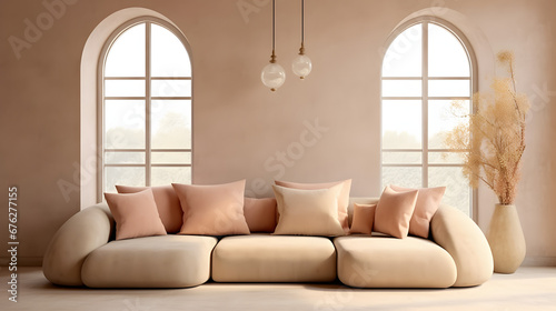 Loft home interior design of modern living room. beige sofa with terra cotta pillows against arched window near stucco wall with copy space.