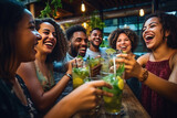 Multiracial friends enjoying happy hour toasting fresh mojito cocktails at open bar - Happy group of young people celebrating summer party together - Life style food and beverage concept
