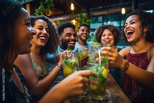 Multiracial friends enjoying happy hour toasting fresh mojito cocktails at open bar - Happy group of young people celebrating summer party together - Life style food and beverage concept photo