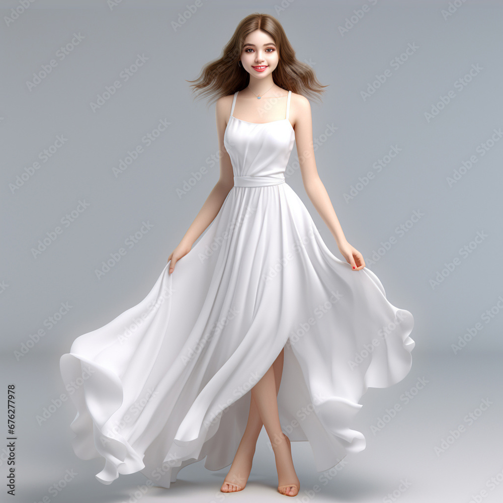 This 3D-rendered cartoon woman is beaming with joy in a stunning white evening dress, showcasing hyper-realistic features against a clean white background. Generative AI. This 3D-rendered cartoon woman is beaming with joy in a stunning white evening dress, showcasing hyper-realistic features against a clean white background. Generative AI.