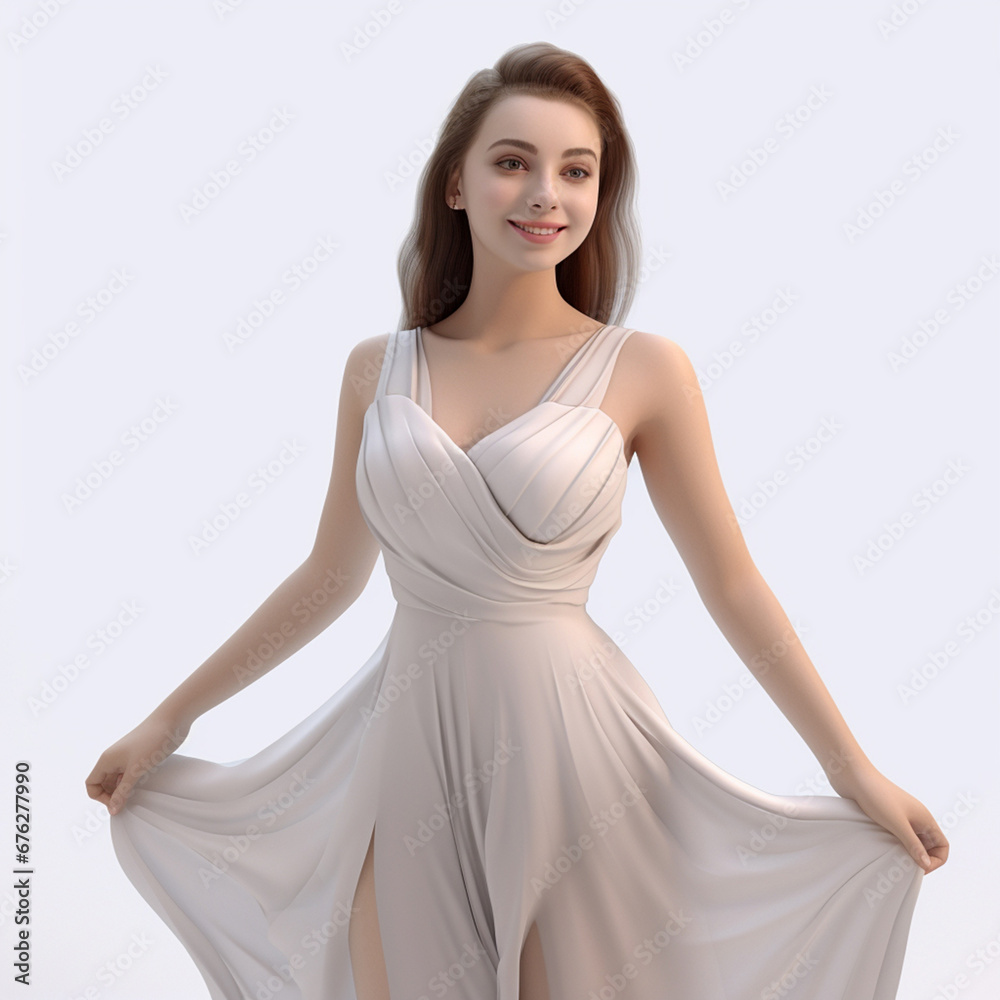 This 3D-rendered cartoon woman is beaming with joy in a stunning white evening dress, showcasing hyper-realistic features against a clean white background. Generative AI. This 3D-rendered cartoon woman is beaming with joy in a stunning white evening dress, showcasing hyper-realistic features against a clean white background. Generative AI.