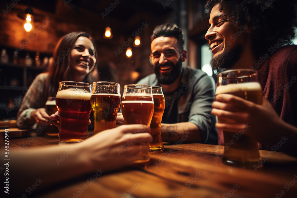 Group of people drinking beer at brewery pub restaurant - Happy friends enjoying happy hour sitting at bar table - Closeup image of brew glasses - Food and beverage lifestyle concept