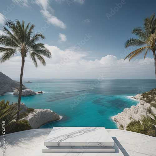 Marble podium on the beach with palm trees and blue sea.