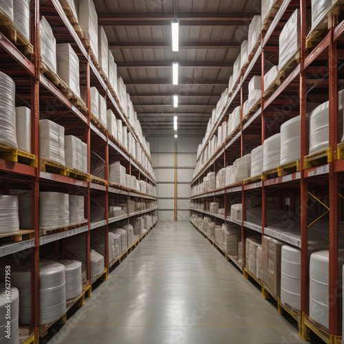 Interior of a warehouse with rows of shelves and shelves full of goods.