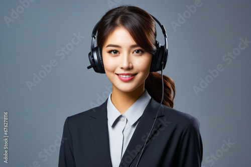 Woman wearing headphones and suit smiling at the camera.