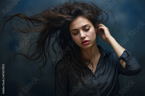Woman with long hair is holding her head in her hands.
