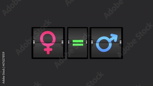 Gender equality concept as flip board turning from unequal to equal male and female symbol photo