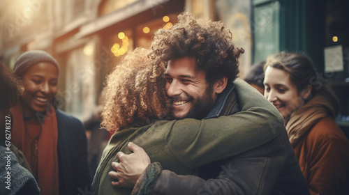 Group of smiling friends hugging themselves. AI