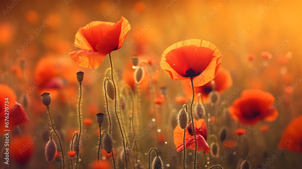 Fototapeta premium Poppy field against sunset background