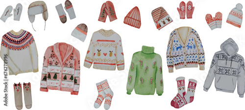 Vector set winter knitted Christmas clothes, sweaters, socks, mittens, hats, warm, comfortable, different colors and styles, ornaments, fashionable, poster, postcard, white background, watercolor