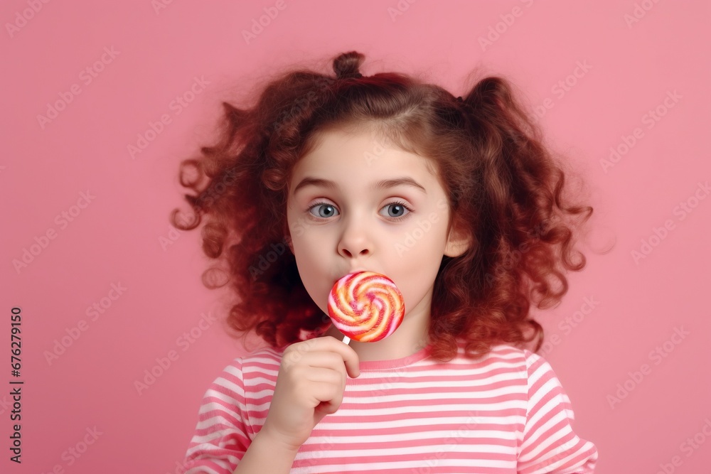 Cute curly girl licking lollipop on pink background. Little girl enjoying sweet candy dessert on stick. Generate ai Cute curly girl licking lollipop on pink background. Little girl enjoying sweet candy dessert on stick. Generate ai