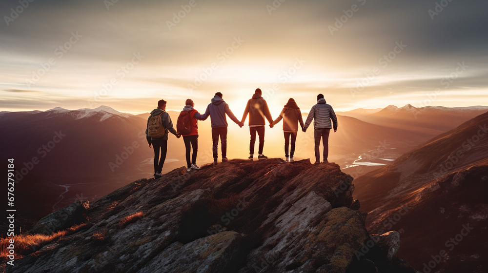 
Teamwork concept with friends holding hand.
 sunset in the mountains