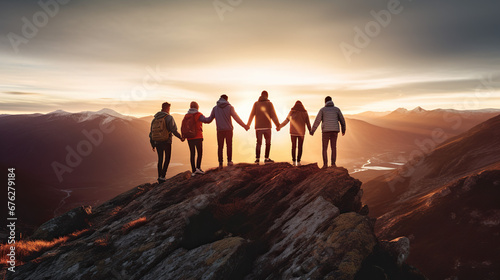  Teamwork concept with friends holding hand.  sunset in the mountains