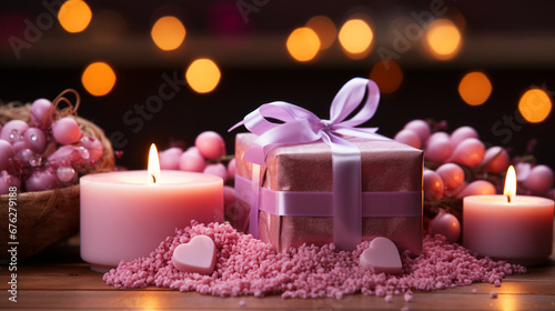 Gift box on bokeh background Valentine s Day.