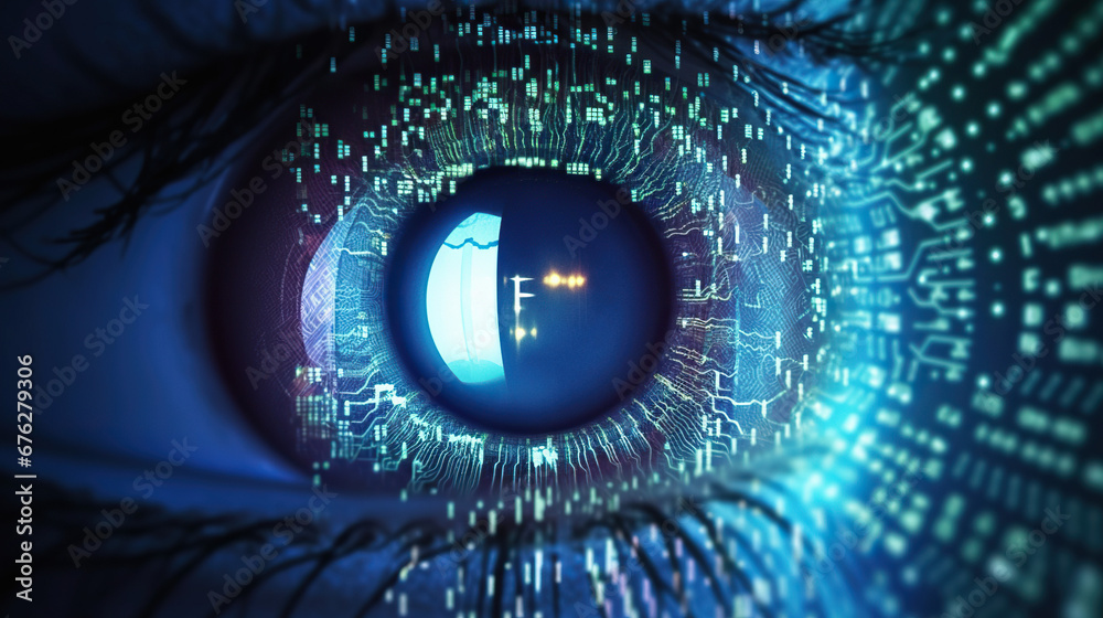 eye technology Human multicolored iris of the eye. blue binary code - obrazy, fototapety, plakaty 
