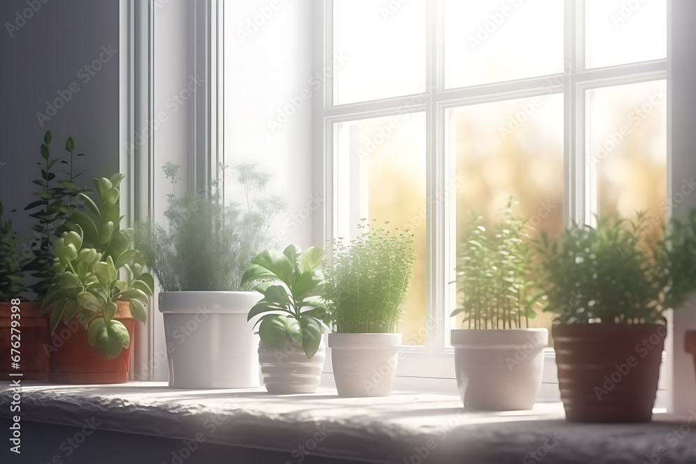 Different aromatic potted herbs on windowsill indoors Different aromatic potted herbs on windowsill indoors