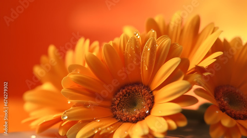 Daisies close-up on orange background macro shooting
