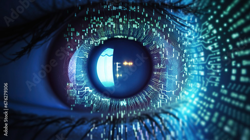 eye technology Human multicolored iris of the eye. blue binary code photo