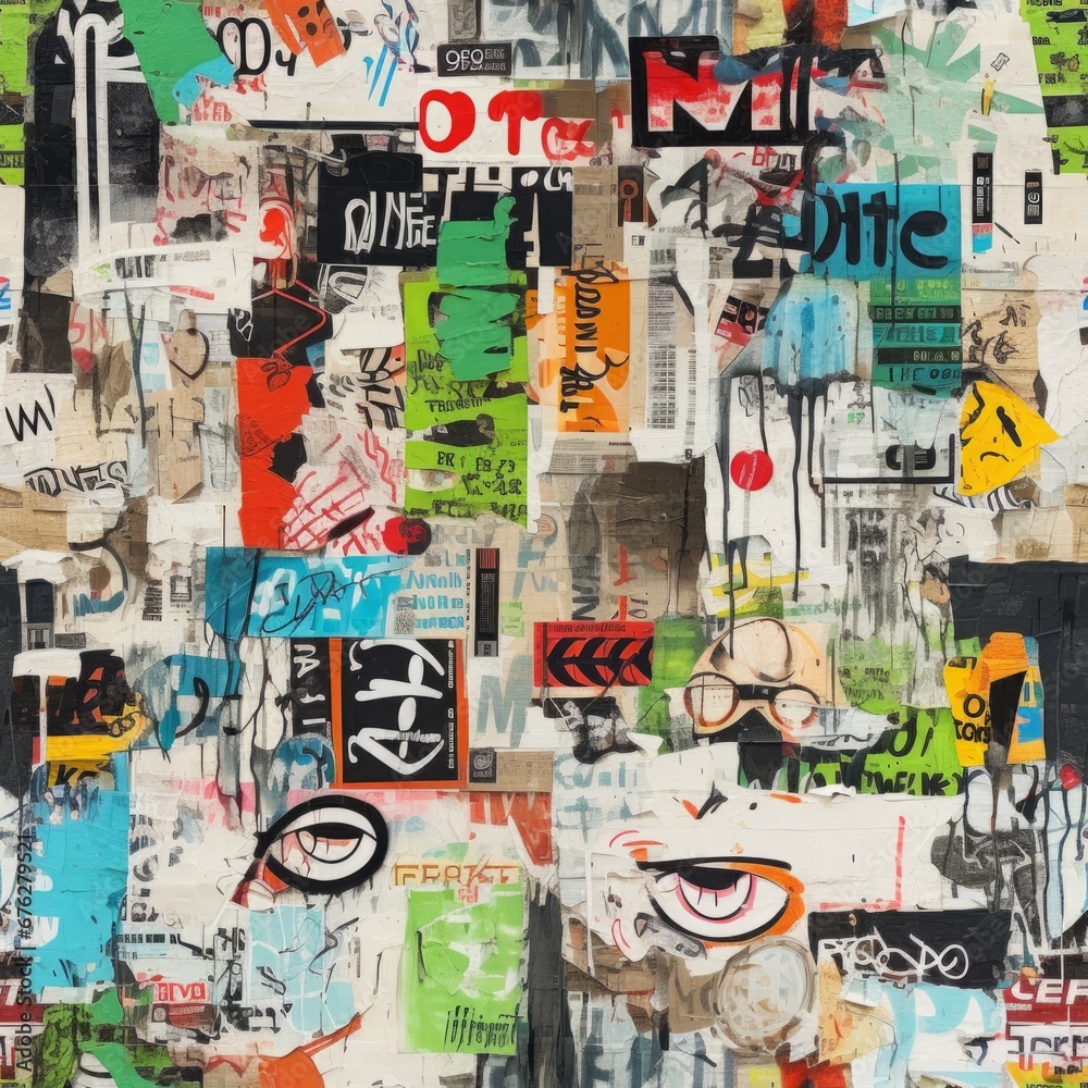 Fototapeta premium Torn-up layered paper: posters, newspapers and advertisements art, mixed media seamless pattern, colorful pop art texture