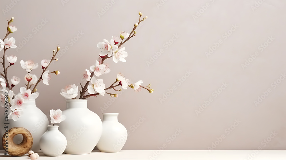 Design concept of Chinese lunar new year background copy space with white plum flower and festive decoration.