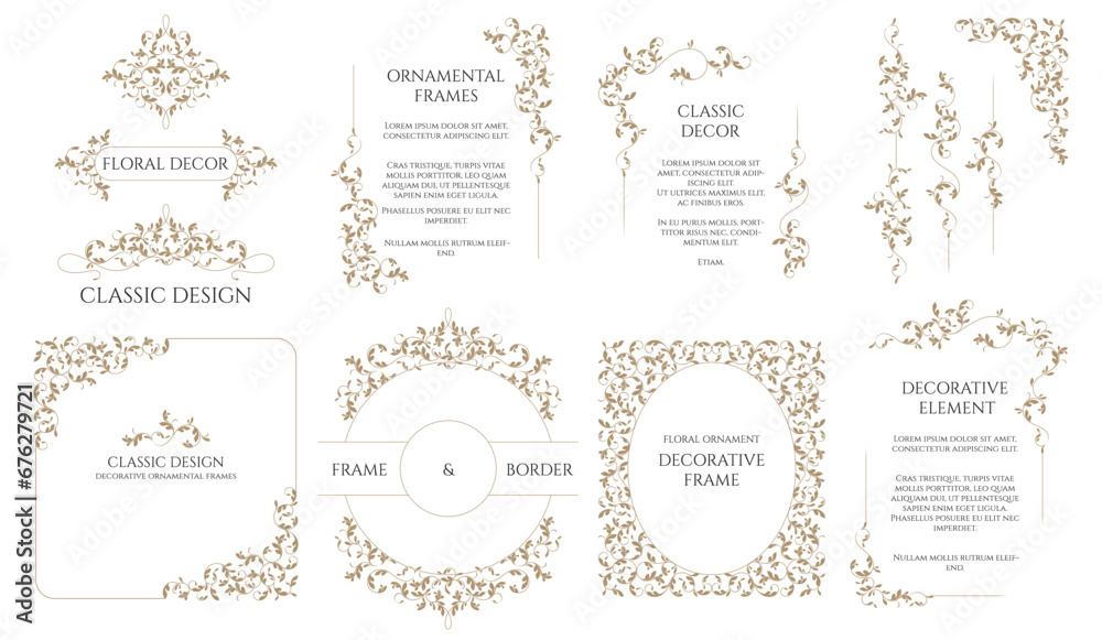 Set of decorative frames, corners and borders. Graphic design page. Floral elegant pattern. - obrazy, fototapety, plakaty 