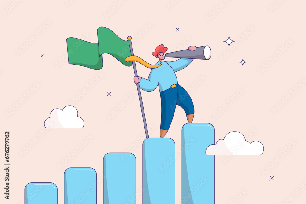 Motivation to success concept. Vision to see next goal, forecast and business prediction, challenge to be better and achieve success, confidence businessman step on rise up graph look for next goal. Motivation to success concept. Vision to see next goal, forecast and business prediction, challenge to be better and achieve success, confidence businessman step on rise up graph look for next goal.