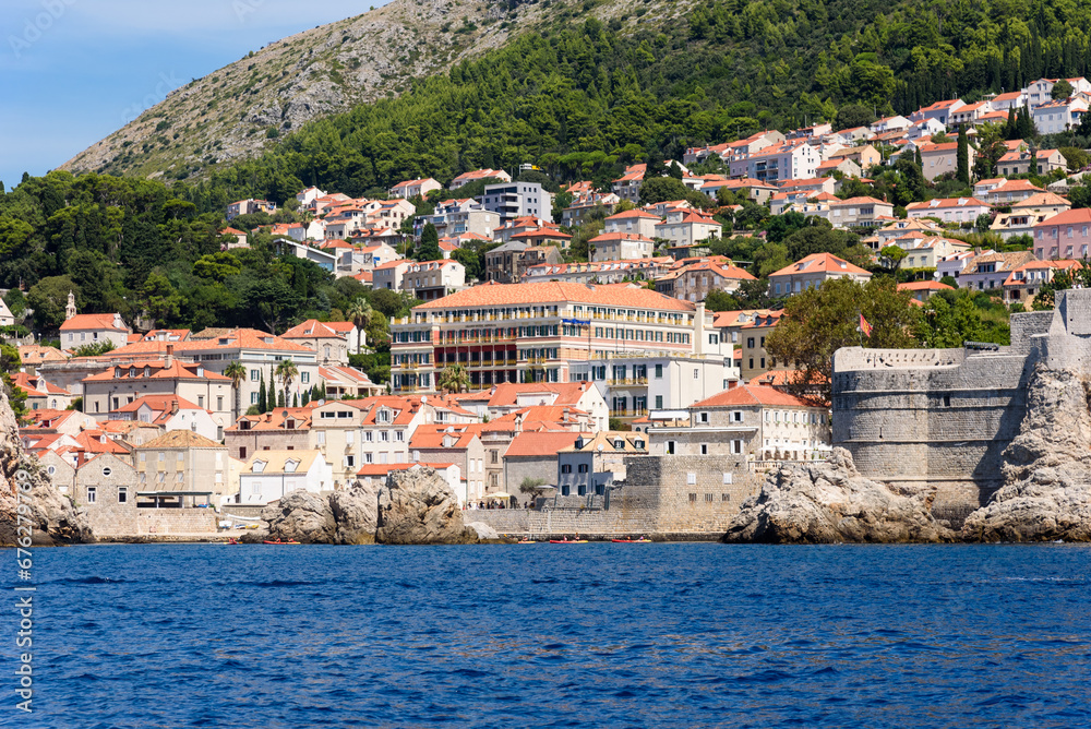 Dubrovnik, Croatia - August 03,2023: View at famous travel destination city of Dubrovnik, Dalmatia, Croatia, Europe. View of Dubrovnik from the sea
