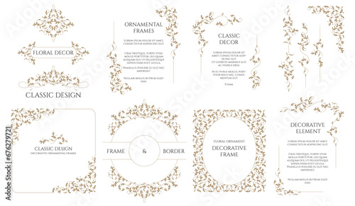 Set of decorative frames  corners and borders. Graphic design page. Floral elegant pattern.