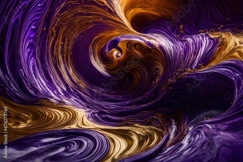 Intense violet and molten gold liquids swirling into a captivating vortex.