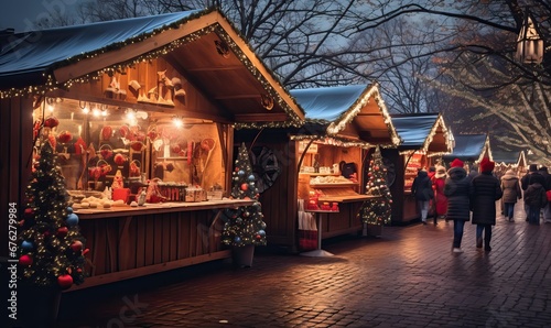 Enjoying Christmas Market, a couple walking near stalls, charming Festive Christmas market, holiday spirits, snowy weather, winter wonderland © Eli Berr
