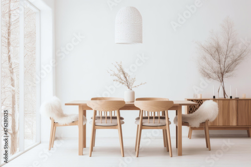 Minimalist dining area with wooden furniture and simple tableware. Nordic winter cozy interior. Generative AI