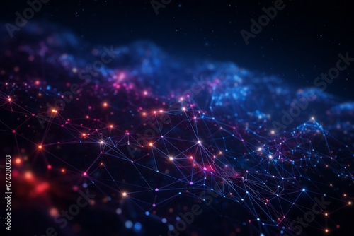 Futuristic Cosmic Connection: Dynamic Blue, Red, and Purple Lines on a Dark Background with Internet-Inspired Shaped Canvas and Confetti-Like Dots.