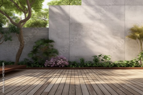 Empty exterior concrete wall with tropical style garden 3d render decorate with tropical style tree  sunlight on the wall. generative ai.