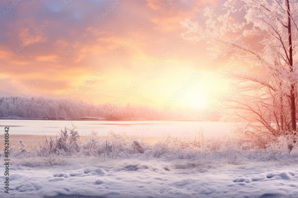 Fantastic winter landscape during sunset. Colorful sky glowing by sunlight. Dramatic wintry scene. Generative AI Fantastic winter landscape during sunset. Colorful sky glowing by sunlight. Dramatic wintry scene. Generative AI