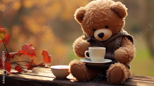 Cozy Coffee Break: A Teddy Bear's Moment of Morning Bliss Steaming Dreams A Whimsical World Where Bears Sip Coffee photo