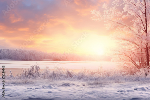 Fantastic winter landscape during sunset. Colorful sky glowing by sunlight. Dramatic wintry scene. Generative AI