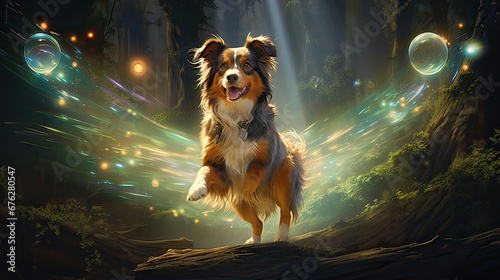 Enchanted superdog hovering amidst glowing orbs, a mystical protector Ai Generative © SK