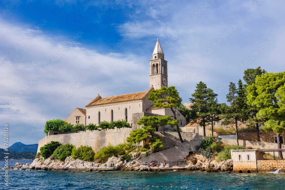 Lopud, Croatia - August 09, 2023: Church Holy Mary of Spilice, Lopud, Elaphiti Islands, Croatia Lopud, Croatia - August 09, 2023: Church Holy Mary of Spilice, Lopud, Elaphiti Islands, Croatia