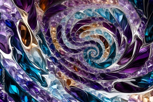 Liquid colors of amethyst and topaz cascading in a hypnotic swirl, forming an otherworldly abstract masterpiece.