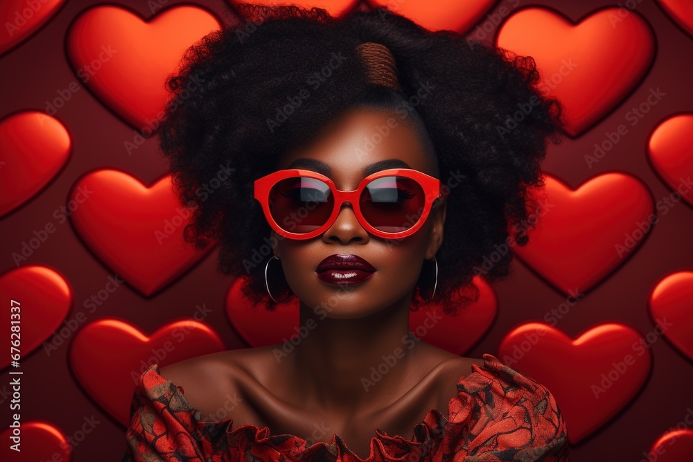 Fashionable african american woman with glasses on valentine background Fashionable african american woman with glasses on valentine background