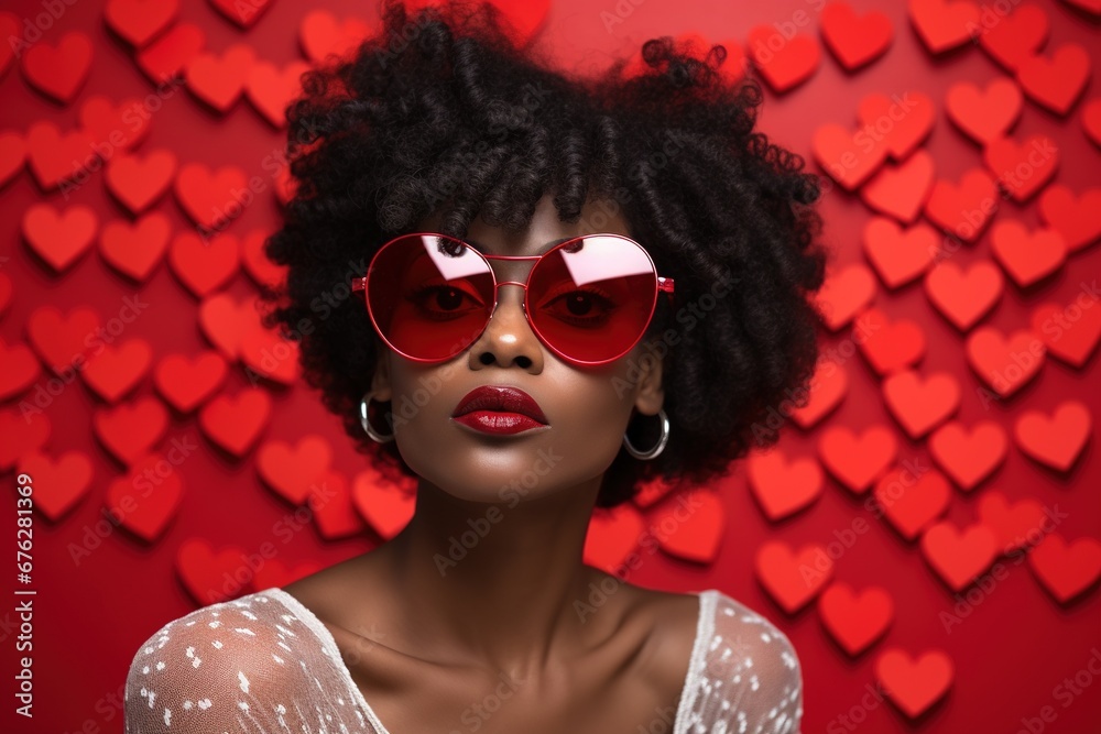 Fashionable african american woman with glasses on valentine background Fashionable african american woman with glasses on valentine background