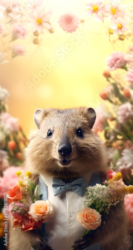 Creative animal concept. Quokka in smart suit, surrounded in a surreal garden full of blossom flowers floral landscape. advertisement commercial editorial banner card © Sandra Chia