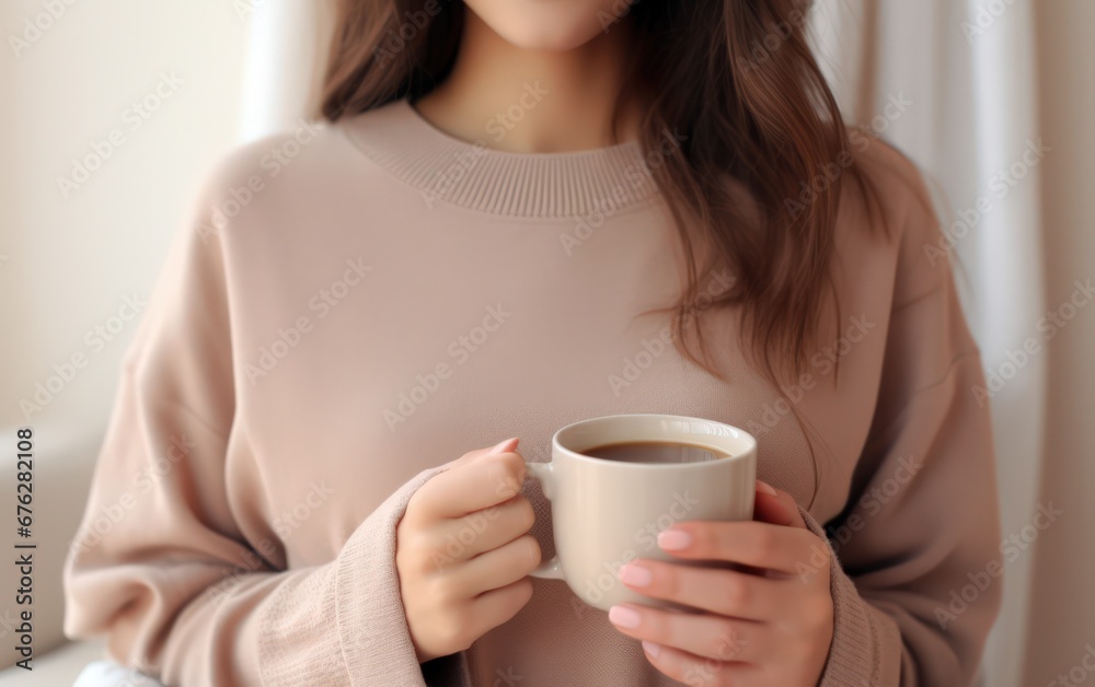 Closeup of female hands with a mug of beverage. Beautiful girl in purple sweater holding cup of tea or coffee in the morning sunlight. Mug for your design. Empty. Closeup of female hands with a mug of beverage. Beautiful girl in purple sweater holding cup of tea or coffee in the morning sunlight. Mug for your design. Empty.