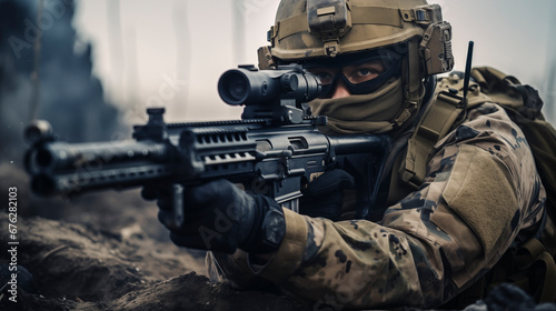 
Portrait of a military man in uniform with a machine gun.