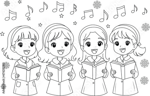 Coloring page a group of children singing Christmas carols.